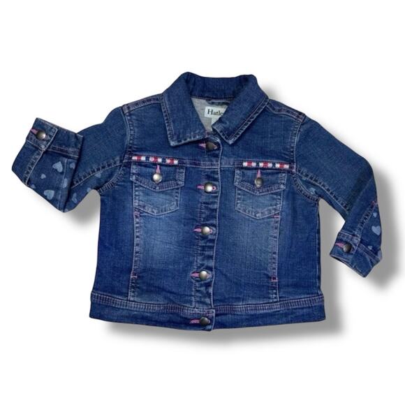 Hatley Jacket Girls 2 Blue Denim Heart Print Lined Jean Jacket Embroidered Fall - Picture 1 of 12